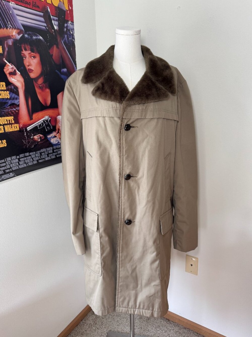Vintage Woolrich Tan and Brown Fur Long Jacket with Unique Buttons